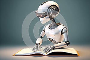 modern Concept of robots reading a book to study biographies. Generative AI