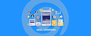 Modern concept of social media advertising, sponsored content on social network, paid advertisement. Flat design vector banner.