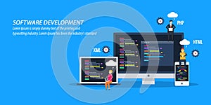 Flat design concept of software development, coding, programming.
