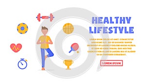 A modern concept on the topic of a healthy lifestyle. A boy in sportswear stands on one leg to balance all the things of a sports