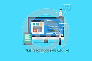 Website development, software programming, coding, team of software developer working on project. Flat design vector banner.