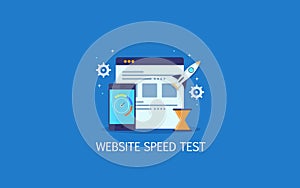 Website speed test, page loading time, search engine optimization concept. Flat design vector banner.