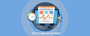 Modern concept of website speed optimization, rocket boost website loading speed. Flat design vector banner.