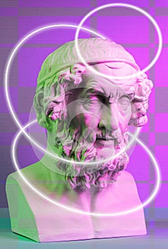 Modern conceptual art poster with ancient statue of bust of Homer. Collage of contemporary art.