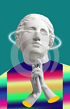 Modern conceptual art poster with ancient statue of bust of Venus. Collage of contemporary art.