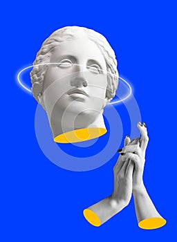 Modern conceptual art poster with ancient statue of bust of Venus. Collage of contemporary art.