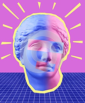 Modern conceptual art poster with blue purple colorful antique Venus bust. Contemporary art collage.