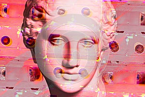 Modern conceptual art poster with face ancient statue and vhs cassete. Collage of contemporary art.