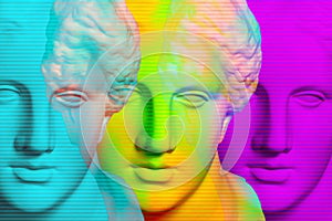 Modern conceptual art poster with three colorful antique Venus bust. Contemporary art collage.