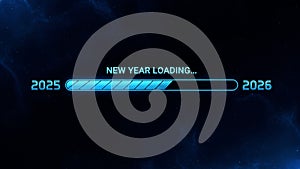 Blue Loading Bar Progress from 2025 to 2026 on Dark Background, New Year Concept