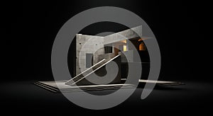 Modern concrete geometry isolated in deep shadow