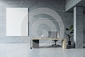 Modern concrete home office interior with empty white mock up banner, furniture and equipment, decorative plant.