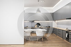 Modern and concrete kitchen interior with empty mock up place on wall, dining area. Luxury designs concept. 3D Rendering