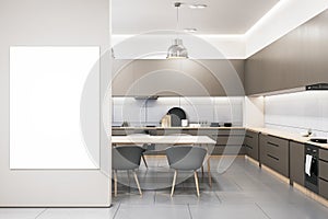 Modern and concrete kitchen interior with empty white mock up banner on wall, dining area. Luxury designs concept. 3D