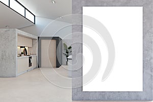 Modern concrete kitchen interior with furniture and appliances, empty white banner with mock up place. Luxury designs concept. 3D