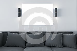 Modern concrete living room interior with couch, pillows lights and empty white mock up poster. Design and decor concept 3D