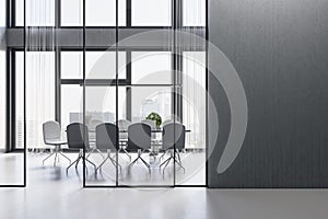 Modern concrete meeting room office interior with empty mock up place on wall, table, armchairs, window with city view and