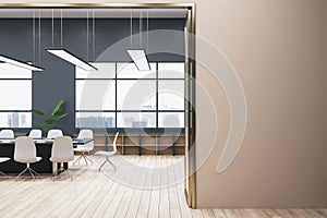 Modern concrete meeting room office interior with mock up place on wall, window and city view, wooden flooring, furniture and