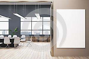 Modern concrete meeting room office interior with white mock up banner on wall, window and city view, wooden flooring, furniture