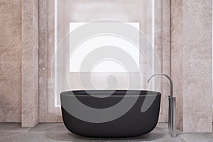 Modern concrete minimalistic bathroom interior with black bathtub and mock up banner on wall. 3D Rendering