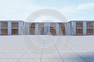 Modern concrete office building exterior on bright blue sky backgroound. 3D