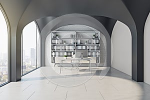 Modern concrete office interior with designer desktop and computer monitor, bookcase with folders, window with city view, tile