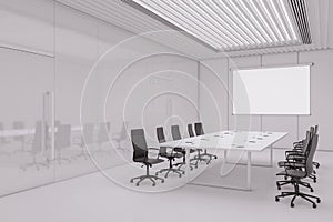 Modern concrete office meeting room interior with blank white mock up frame on wall, furniture, daylight, and equipment. Workplace