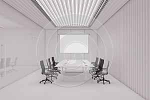 Modern concrete office meeting room interior with blank white mock up poster on wall, furniture, daylight, and equipment.