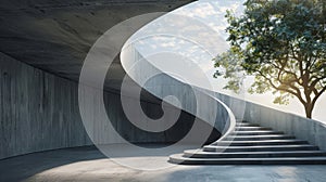 Modern concrete spiral staircase with a tree in the background