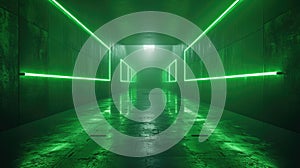 Modern concrete tunnel background, perspective view of dark garage and lines of green neon light. Futuristic empty grungy hallway