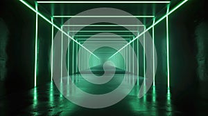 Modern concrete tunnel with green led light, abstract dark garage background. Theme of warehouse, hall, room interior, perspective