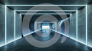 Modern concrete tunnel with lines of led light, abstract dark garage background. Theme of hall, room interior, perspective,