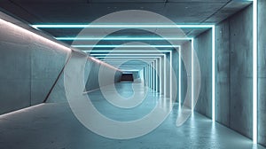 Modern concrete tunnel with lines of led light, abstract dark garage background. Theme of studio, hall, room interior, perspective