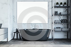 Modern concrete and wooden bathroom interior with empty white mock up banner, various objects.