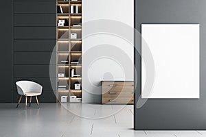 Modern concrete and wooden living room interior with blank white mock up poster on wall, bookcase, furniture and decorative items