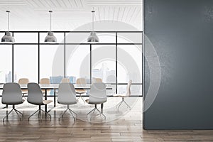 Modern concrete and wooden meeting room office interior with empty mock up place on wall, panoramic windows, city view, lamps and