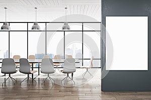 Modern concrete and wooden meeting room office interior with empty white mock up banner on wall, panoramic windows, city view,