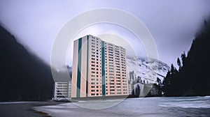 Modern condo building on the seaside in a northern country. Living in harsh climate, in a remote location. Generative AI