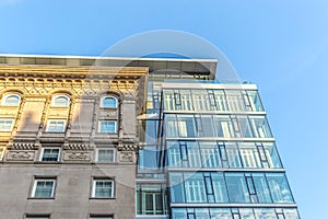 Modern condo buildings with huge windows in Montreal downtown