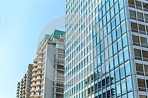 Modern condo buildings with huge windows in Montreal downtown