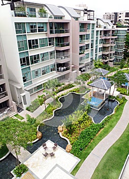 Modern condominium exterior & landscaping