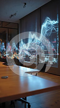 Modern Conference Room With Abstract Digital Data Visualization Displayed On Wall
