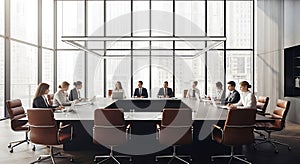 A modern conference room features a large, dark rectangular table surrounded by