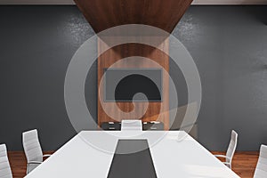 Modern conference room interior with blank tv screen on wall