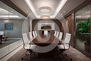 Modern conference room interior design. 3D render concept of business meeting room, Corporate office meeting room interior design