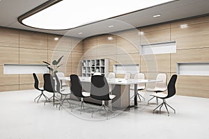 Modern conference room interior design with lighting ceiling, perspective view on huge meeting table with stylish chairs on light