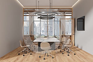 Modern conference room interior with meeting board and panoramic window