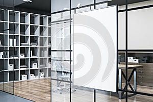 Modern conference room interior with white mock up poster on wall, glass partition, wooden flooring and bookcase.