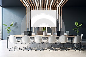 Modern conference room with large blank screen, contemporary design furniture, on a dark backdrop, concept of meetings. 3D
