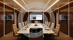Modern Conference Room with Large Screen and Executive Chairs
